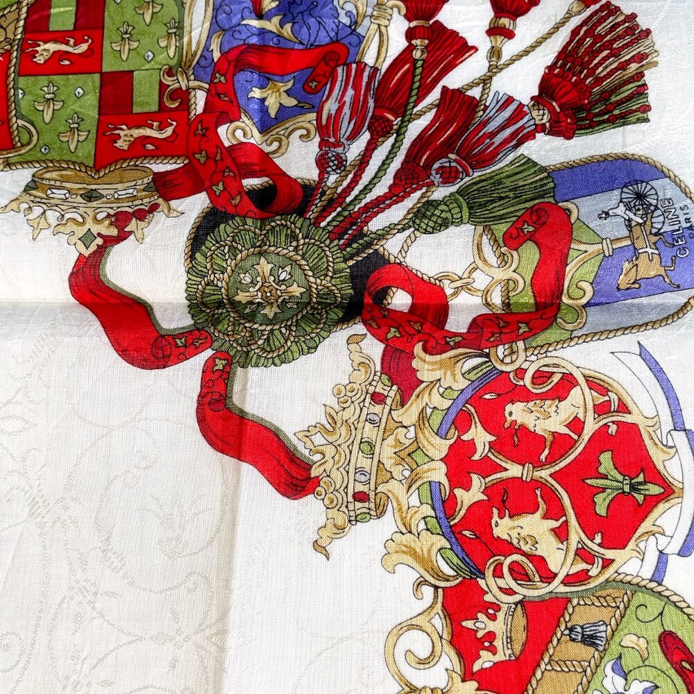 CELINE Paris Vintage Cotton Scarf Heraldic Crest Tassel Equestrian 20” Square - Picture 9 of 14